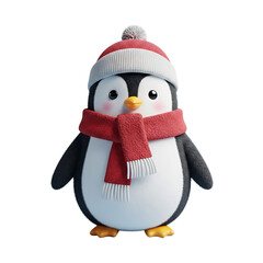 Fototapeta premium A cute penguin wearing a red hat and scarf, perfect for winter or Christmas theme
