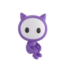 Fototapeta premium Cute purple 3D character sitting while hugging its knees, looking up toward the camera, isolated on white background with a gentle, thoughtful mood in playful cartoon style.