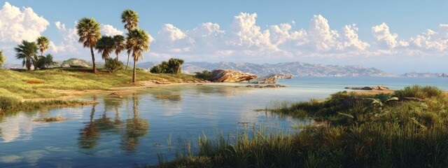 Tranquil coastal landscape with lake palms and lush vegetation under a blue sky
