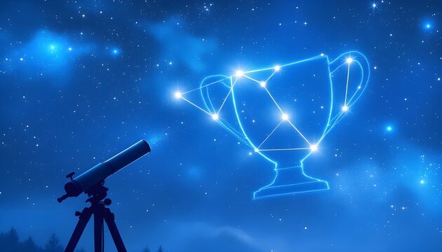 Glowing constellation in the shape of a winner trophy cup in the night sky viewed through a telescope representing vision goal setting and astronomical success.