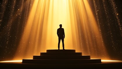 Silhouette of a man in a formal suit standing on a stage illuminated by bright golden spotlights representing fame leadership public speaking and professional recognition.