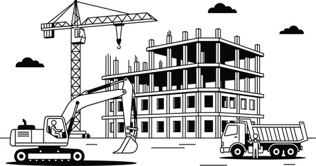 Construction site, building structure, crane lifting, excavator digging, dump truck, silhouette illustration, black vector, infrastructure, engineering © HMAshikur