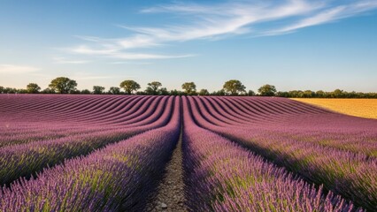 Fototapeta premium Lavender Field Landscape with Rows of Flowers.