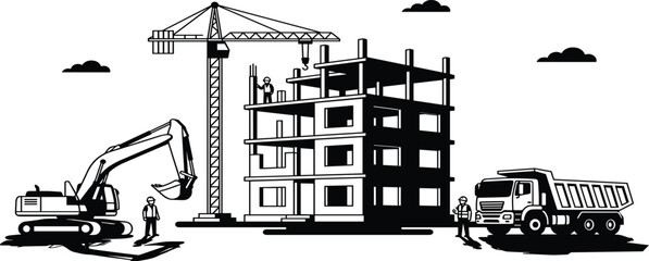 Construction site with crane, workers, excavator, scaffolding, dump truck, building structure, black and white illustration, urban development, engineering, machineryConstruction site with crane, © HMAshikur