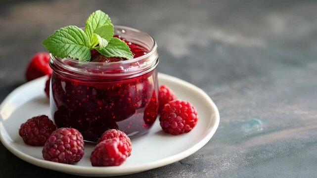 Raspberry jam in a small glass jar decorated with mint leaves, surrounded by fresh raspberries. Served on a white plate. Natural fruit preserve with rich color and texture.