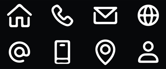 contact us white line icons vector black background business website icons 