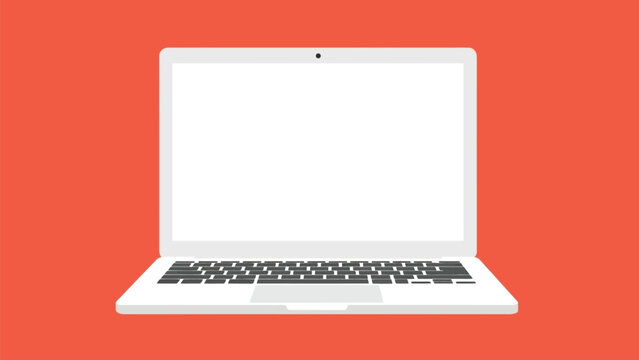 Minimalist white laptop computer on a solid red background, vector illustration mockup for technology, remote work, and digital lifestyle.