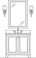 An elegant minimalist bathroom interior design in line art, highlighting a sophisticated vanity cabinet, a sleek rectangular mirror, and complementary sconces.