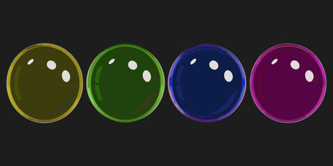 Four colorful oval gems with white highlights against a dark background