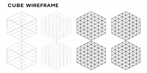 Isometric projections of a cube visualized as wireframe geometric shapes