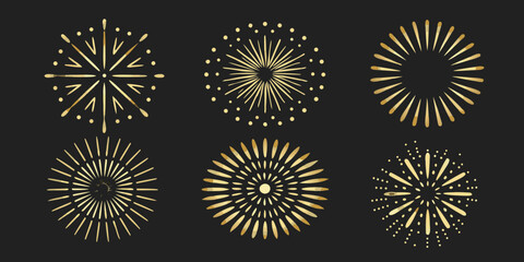 Golden firework bursts and starbursts on a dark background decorative design