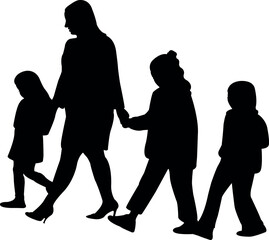 a woman and children walking, silhouette vector