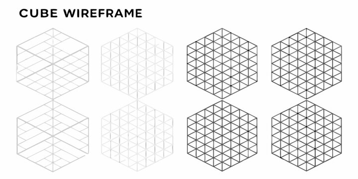 Isometric projections of a cube visualized as wireframe geometric shapes