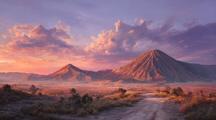 Fototapeta premium Dramatic sunset over scenic mountains landscape with soft clouds and dirt road