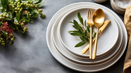 Stylish holiday dinner setting with white plates heavily defocused cool concrete table background golden flatware and lush green napkins elegant seasonal styling with copy