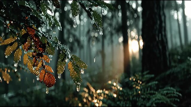 Misty Forest with Wet Leaves.