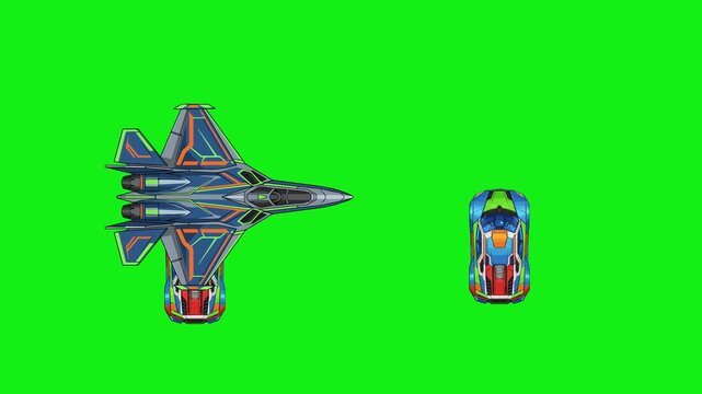 Top View of Two Luxury Cars Driving with a Fighter Jet Flying Above on Green Background