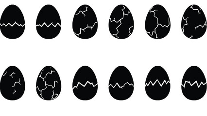 A dozen black eggs with white cracks are displayed in two rows.