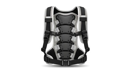White and black back protector with grey pads and adjustable straps for sports safety.