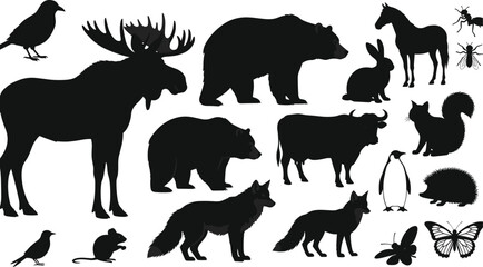 Set of Wild Animal Silhouettes Bundle Featuring Moose Bear Wolf Fox Horse Penguin Rabbit Squirrel and Insects for Nature Vector Design