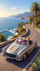 Elegant cats in a tuxedo and red dress drive a vintage silver convertible along a winding Mediterranean coastal road. Dreamy and surreal travel concept.