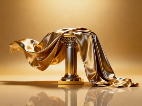 Golden column draped with flowing satin fabric on reflective surface