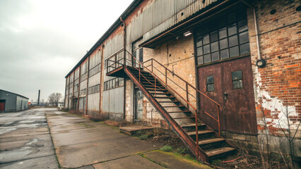 Rusty abandoned warehouse with metal stairs