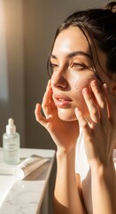 Young woman with glowing skin applies moisturizer to her cheek in golden sunlight during a morning beauty routine