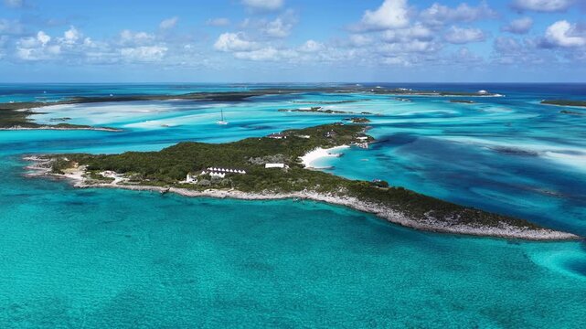Exuma Skyline In Exuma Islands Black Point Bahamas. Bird Eye View Of A Amazing Coastal Beach In The Summer Holiday. Paradise Skyline Recreation Stunning. Paradise Waterfront Shore.
