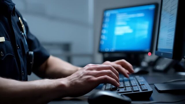 Law Enforcement Officer Working on Computer System.