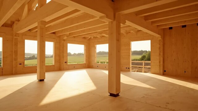 Interior view of a modern wooden building under construction with large windows.