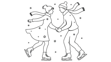 Fototapeta premium A couple ice skating hand in hand during winter with snowflakes falling.