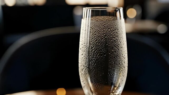 A refreshing glass of sparkling beverage with droplets, set against a soft blurred background, perfect for celebrations.
