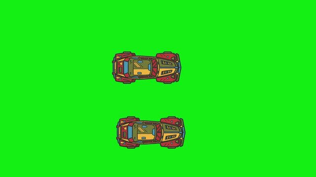 aTop View Red Luxury Racing Cars Driving Green Background