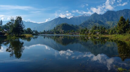 Tranquil lake scene with mountain range and clear sky reflection