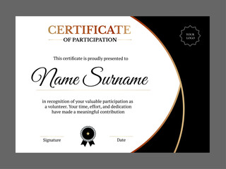Elegant certificate with black, white, and gold color scheme, designed to honor volunteer participation