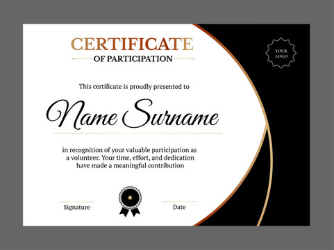 Elegant certificate with black, white, and gold color scheme, designed to honor volunteer participation