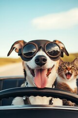 Vertical Portrait of Happy Dog in Aviator Goggles Driving Car with Tongue Out