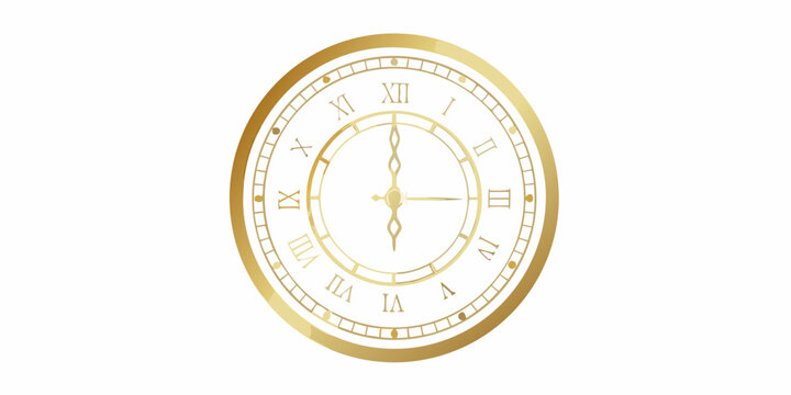 A golden pocket watch displaying roman numerals and hands pointing to noon
