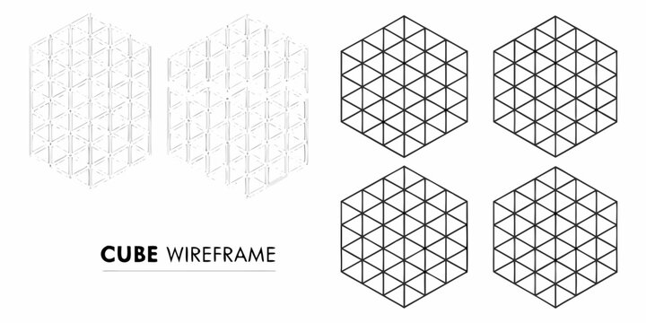 Isometric cube wireframe illustrations showing different perspectives and geometric designs