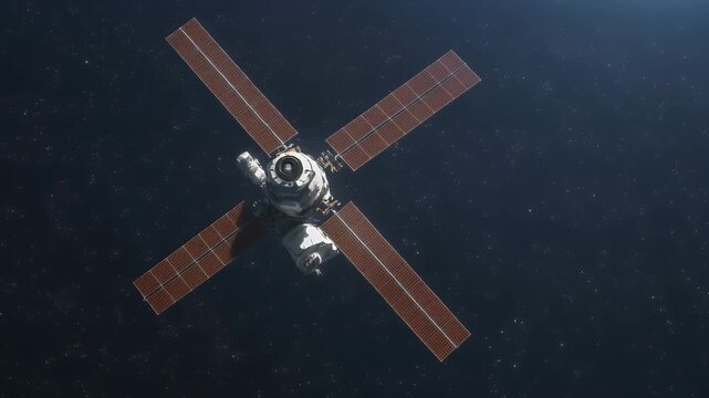 Space exploration satellite with solar panels orbiting Earth against a dark cosmic background