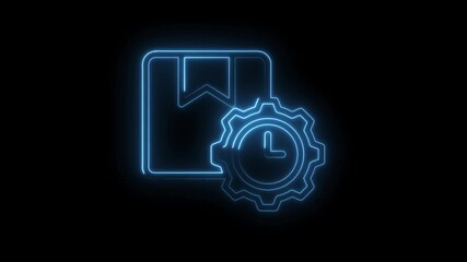 Blue neon outline of a package with a clock gear symbol representing logistics efficiency - Powered by Adobe
