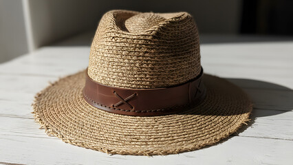 Straw fedora hat with leather band on white wooden table