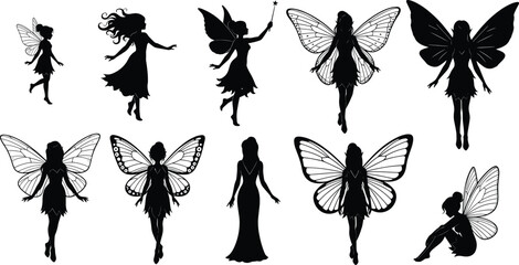 Fairy silhouette collection with winged fantasy female characters flat vector illustration set isolated on white background for magical design © Sanjida