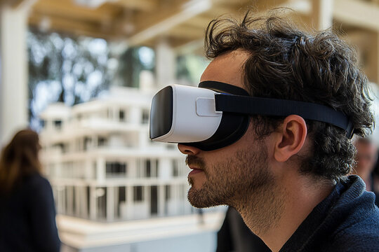 Architect working on detailed house blueprint drawing with scale model digital technology generative ai - Powered by Adobe