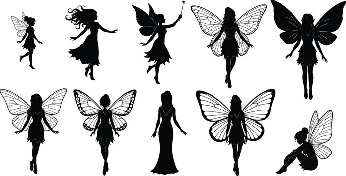 Fairy silhouette collection with winged fantasy female characters flat vector illustration set isolated on white background for magical design