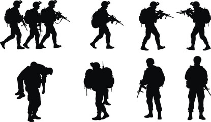 Tactical Military Soldier Silhouettes featuring Infantry Patrol, Marching with Backpacks and Fireman's Carry Rescue Pose, Special Forces Combat Mission Vector Set AI Generative
