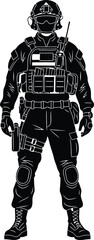 Full Body Silhouette of a Special Forces Tactical Soldier in Combat Gear with Helmet, Plate Carrier, and Radio, Black and White Vector Illustration Stencil Style AI Generative © MaC GFX Studio