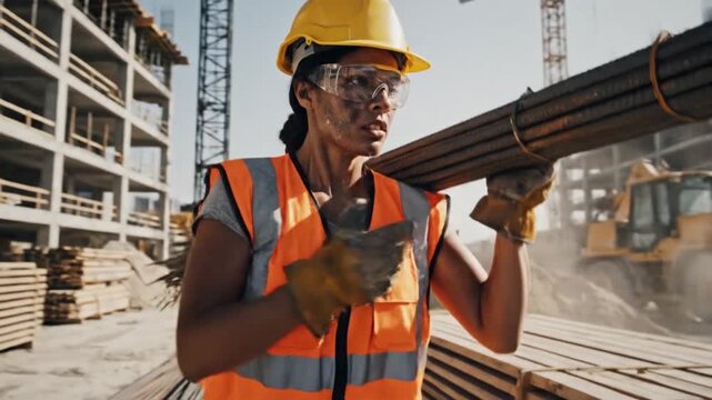Construction worker carrying rebar on a busy site.