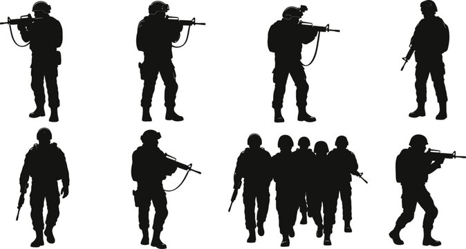 Military Soldier Silhouette Collection featuring Tactical Infantry Squad in Movement, Walking, Aiming and Combat Stances, Professional Army Operator Vector Illustration Set AI Generative